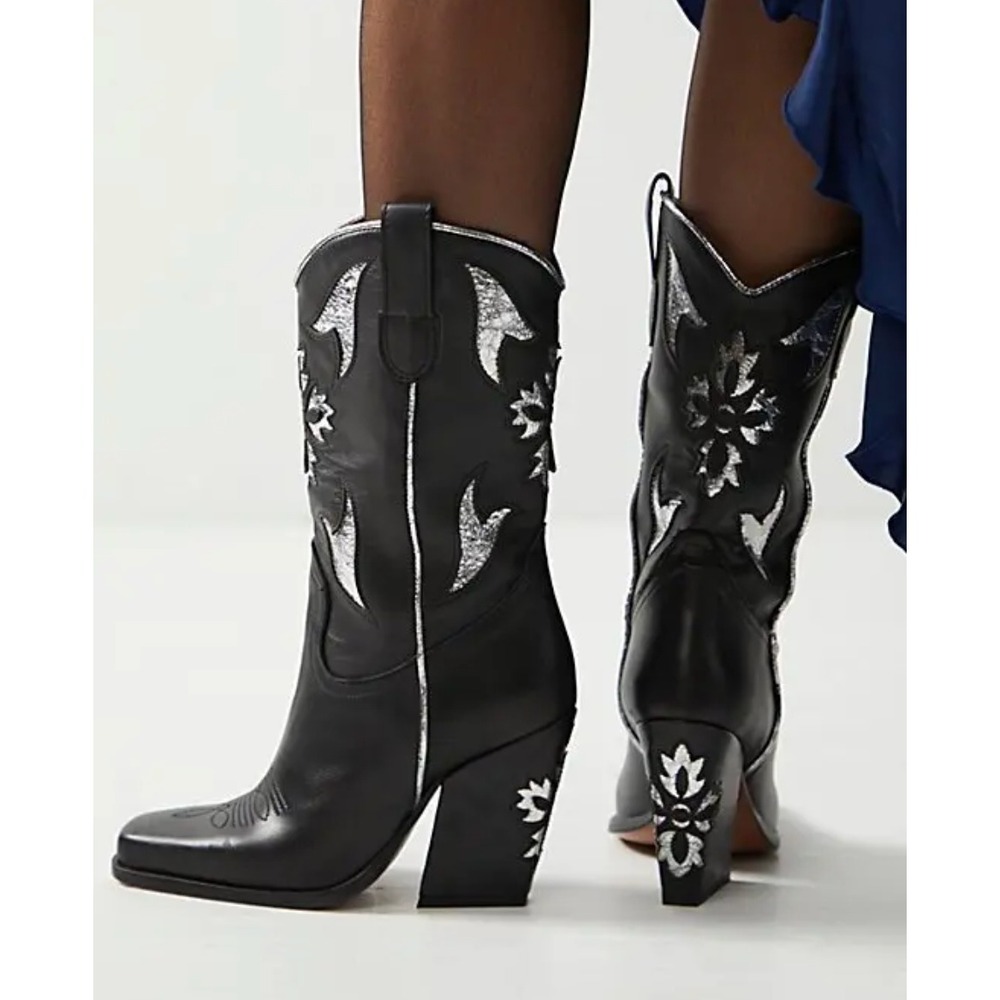 Free People Sparks Fly Metallic Leather Cowboy Boots in Black sz 40 (US 9)